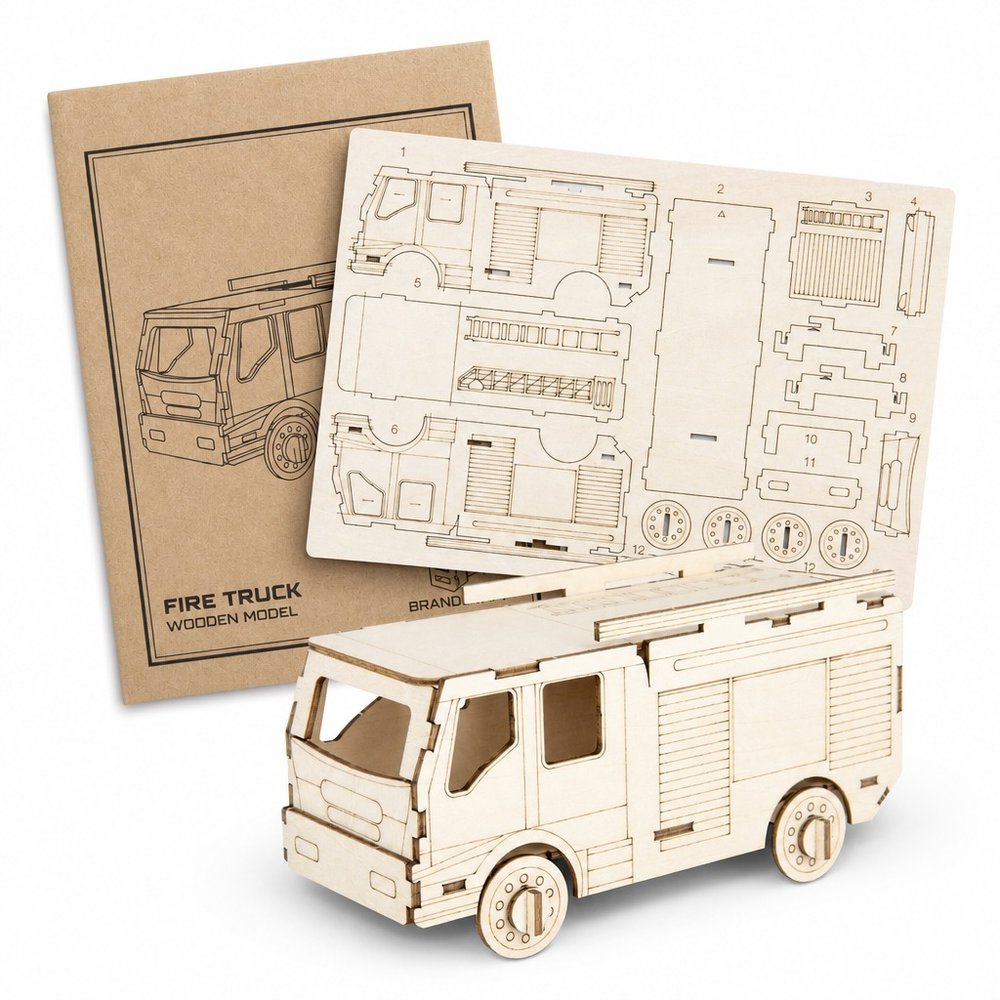 BRANDCRAFT Natural Basswood Fire Truck Model