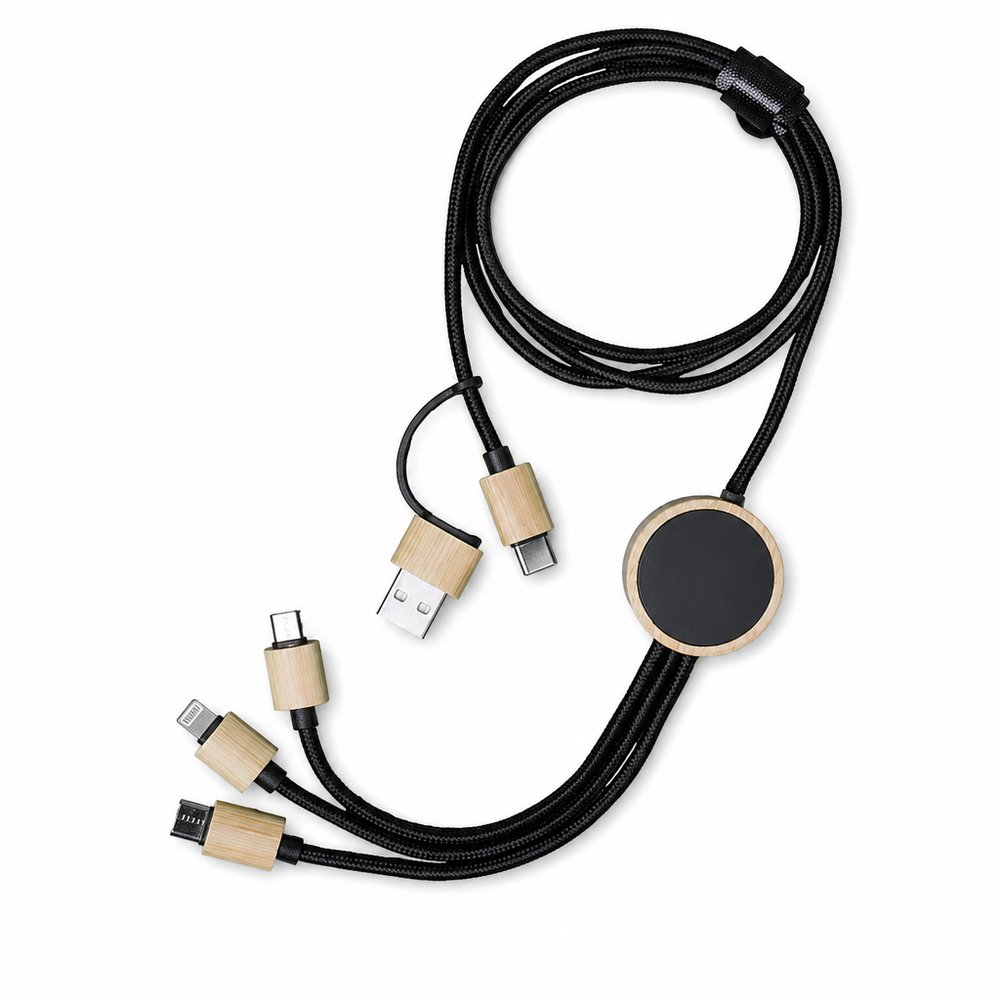 Branded 6-in-1 Charging Cable with Bamboo Detail