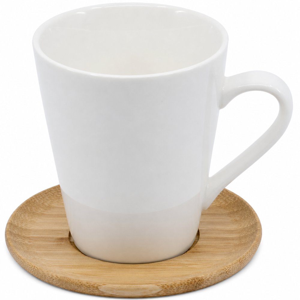 Carmel Vee Ceramic Mug with Bamboo Saucer