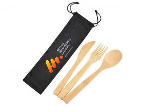 Promotional Bamboo Cutlery Sets In Microfibre Drawstring Pouch