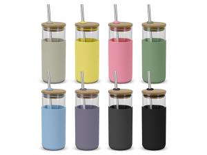 Promotional Glass Tumblers With Straw And Bamboo Lid (450ml)